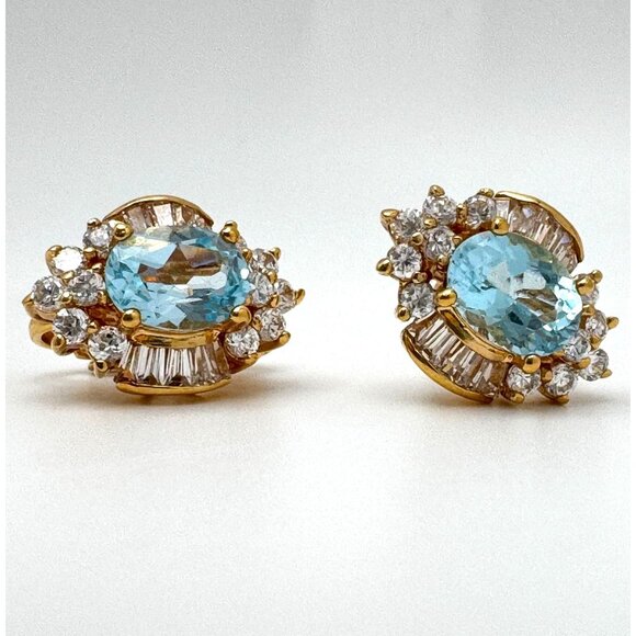 Blue Topaz CZ Earrings Clip Gold Tone December Birthstone December Birthstone - Picture 2 of 5